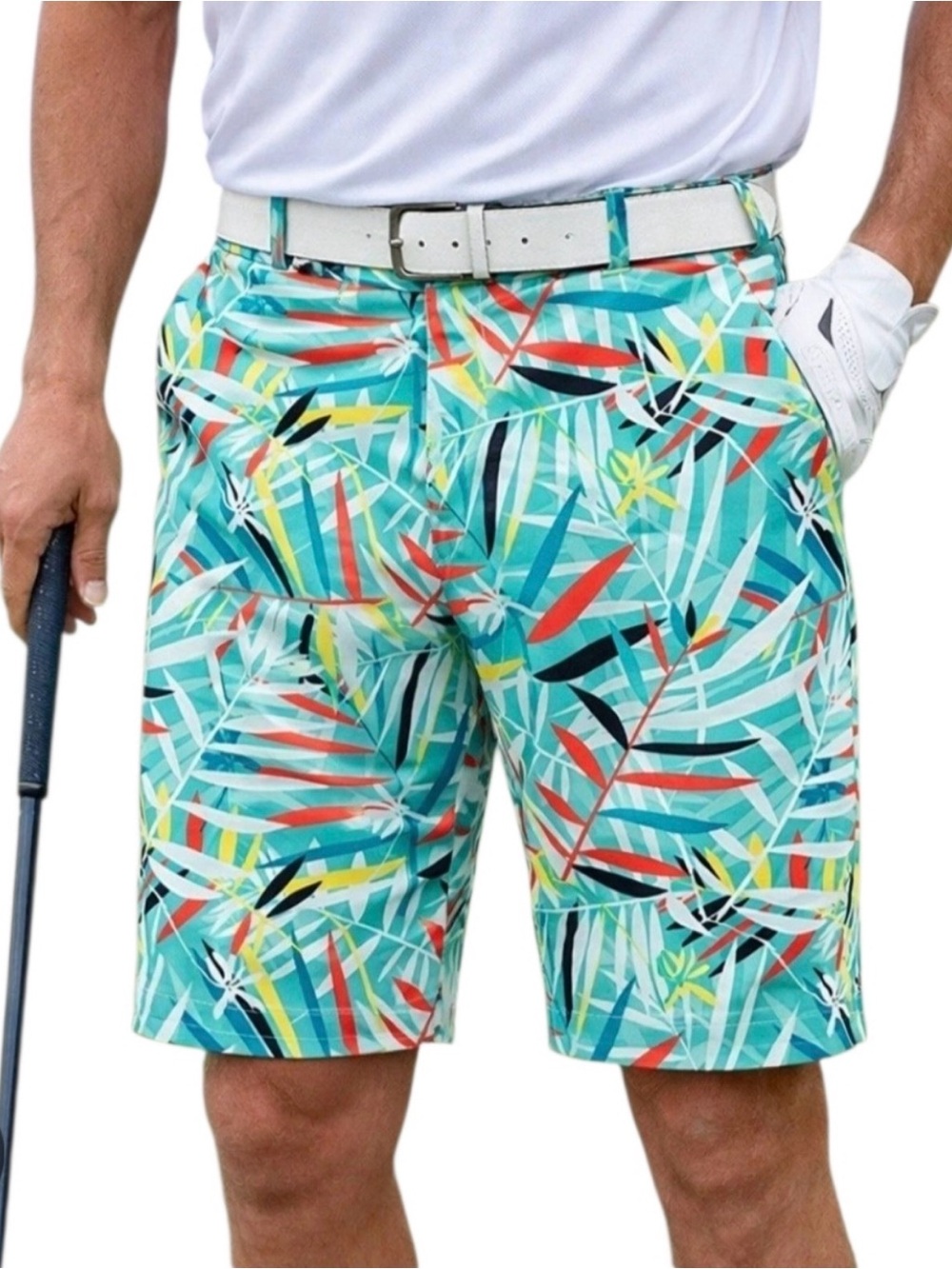 Loudmouth Golf Performance Tech 11” Shorts Mens 36 Bamboo Leaf Hawaiian Tropical